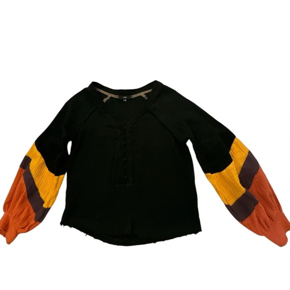 Fate Color Block Cotton Gauze Pullover V-Neck Balloon Long Sleeve Shirt Top S - Picture 7 of 14